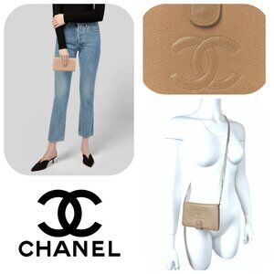 Chanel large beige Caviar leather trifold wallet